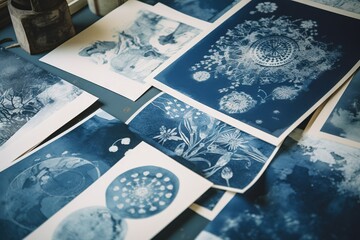 Fototapeta na wymiar Abstract traditional floral cyanotype print in a workshop. Generative AI, AI