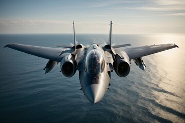 A Fighter Jet Soaring Through the Sunlit Skies Above the Vast Ocean