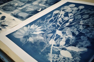 Abstract traditional floral cyanotype print in a workshop. Generative AI, AI