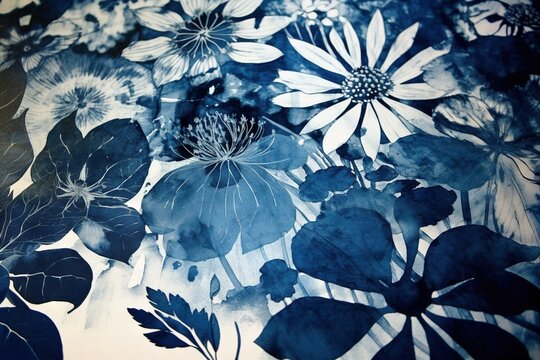 Abstract traditional floral cyanotype print in a workshop. Generative AI, AI © Merilno