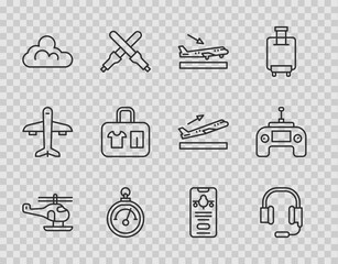 Set line Helicopter, Headphones with microphone, Plane landing, Barometer, Cloud weather, Suitcase, Mobile ticket and Drone remote control icon. Vector