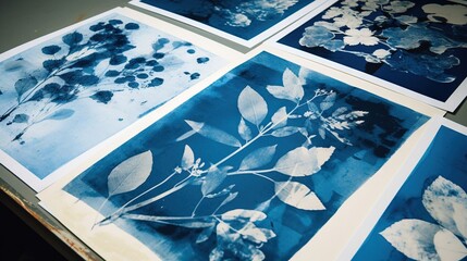 Fototapeta na wymiar Abstract traditional floral cyanotype print in a workshop. Generative AI, AI