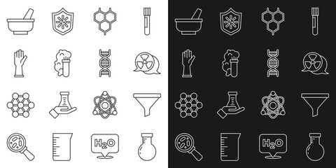 Set line Test tube and flask, Funnel or filter, Radioactive, Chemical formula, explosion, Medical rubber gloves, Mortar pestle and DNA symbol icon. Vector