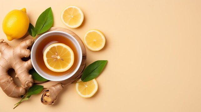 a cup of tea with lemon slices and leaves