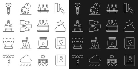 Set line Book about wine, grapes, Sun and cloud weather, Bottle of, Bottles, Old bottle, opener and box icon. Vector