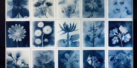 Abstract traditional floral cyanotype print in a workshop. Generative AI, AI