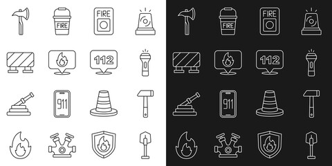 Set line Fire shovel, Hammer, Flashlight, alarm system, Location with fire flame, Road barrier, Firefighter axe and Emergency call icon. Vector