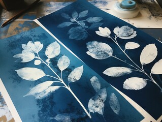 Abstract traditional floral cyanotype print in a workshop. Generative AI, AI