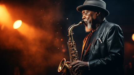 An African-American elderly talented jazz musician plays the saxophone on stage in the spotlight - obrazy, fototapety, plakaty