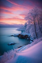 Obraz premium A Winter Wonderland: Serene Landscape with Snow-Covered Trees and Crystal Clear Lake