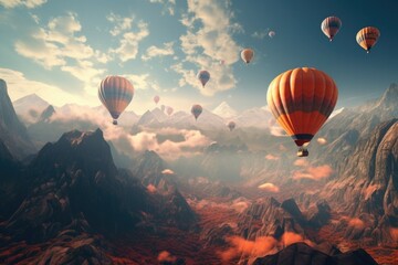 Hot air balloon festival, hot air balloons in the sky flying over the mountains