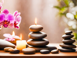 Spa stones with orchid flowers and burning candles on wooden background