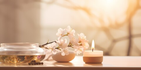 Obraz na płótnie Canvas Cherry blossoms and candle on the table in spa salon - generative ai