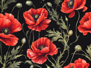 Seamless pattern with red poppies on a black background