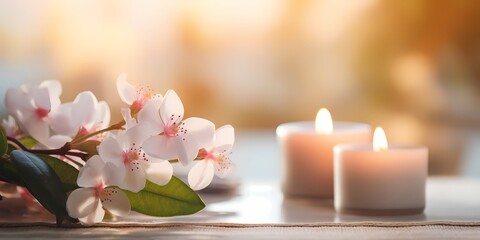 Beautiful blooming branch of cherry blossoms with burning candles on light background - generative ai