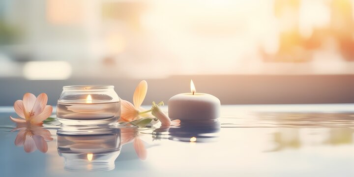 Burning candles and flowers on glass table in spa salon, closeup - generative ai