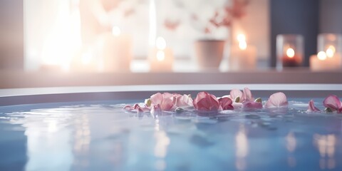 Relaxing in spa swimming pool with rose petals and candles - generative ai - obrazy, fototapety, plakaty