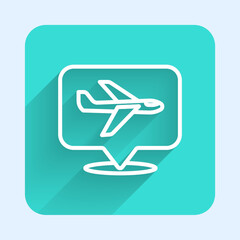 White line Plane icon isolated with long shadow background. Flying airplane icon. Airliner sign. Green square button. Vector