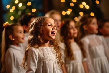 girl singing with Children's choir in festive church
 - obrazy, fototapety, plakaty
