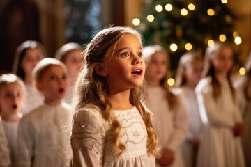 Little girl singing and Children's Christmas choir in festive church
