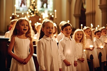 Little children singing with Christmas choir in festive church 