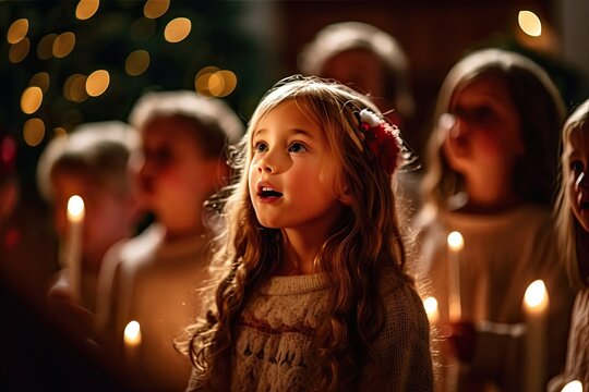 Children's Christmas choir in festive church.
