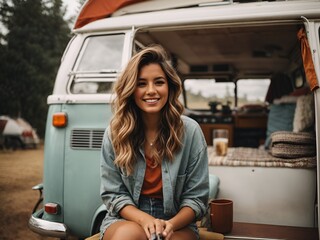 Young woman digital nomad engaging in remote work outside her vintage camper van, epitomizing the mobile, van life lifestyle.