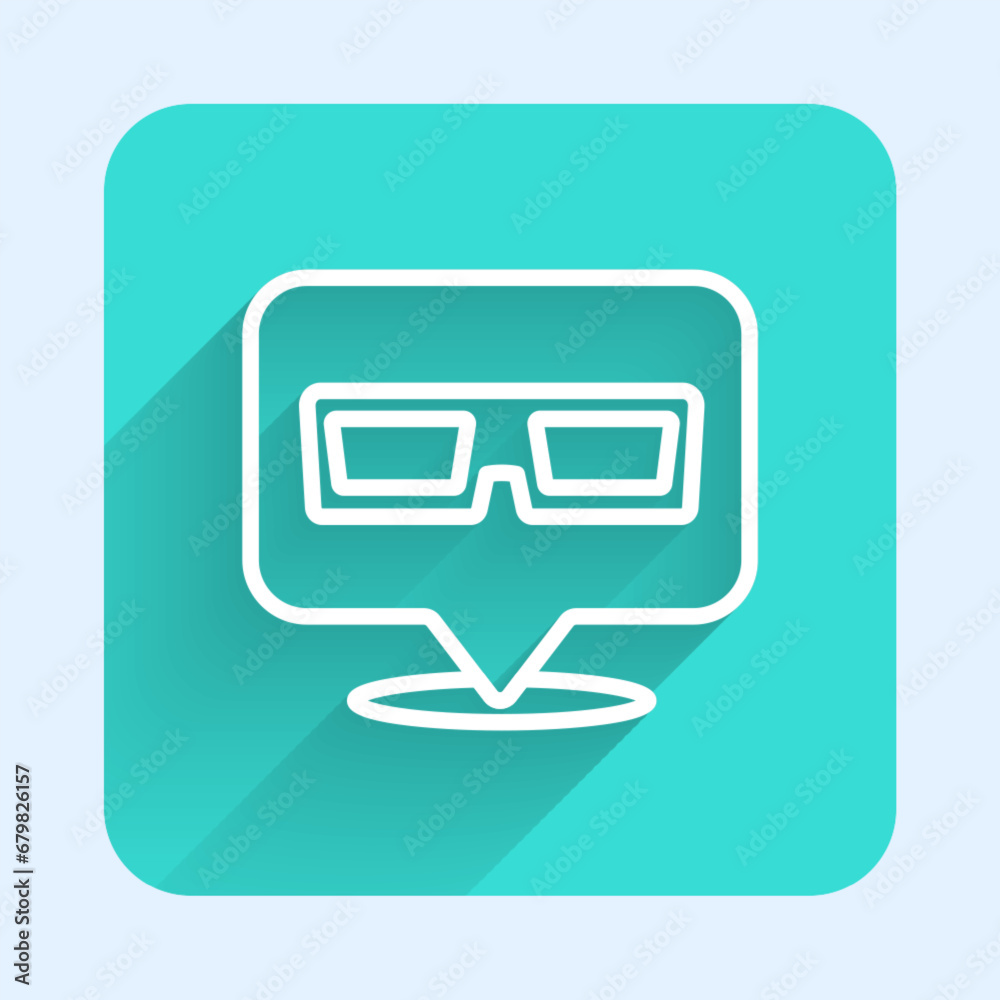 Sticker White line 3D cinema glasses icon isolated with long shadow background. Green square button. Vector