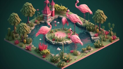 Isometric secret flamingo garden compost Ai generated art