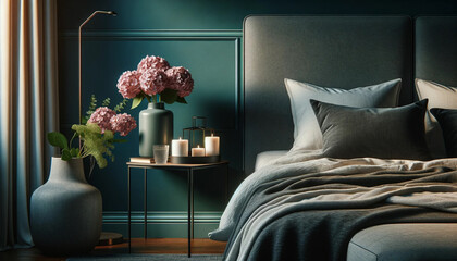 Stylish modern cosy bedroom in dark colors. Cozy interior with turquoise walls, home decor. Bed with grey fabric headboard, white blanket, bedside table, vase with pink hydrangea flower