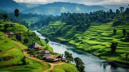 Scenic Landscape of a Small Village at Congo River in Africa amidst Green Hills and Azure Skies - obrazy, fototapety, plakaty