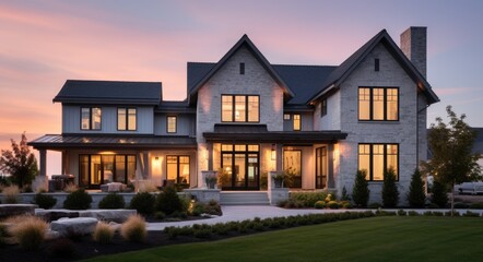 Fototapeta na wymiar House at Dusk with a Modern Farmhouse Design Featuring Stone and Brick Exterior, Architectural Windows, and Beautiful Landscaping