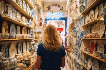 Souvenir Shop in Lisbon, Portugal: Rear View of a Blonde Woman Traveler Choosing Local Souvenirs from Shop Shelves During her Trip