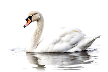 White swan swimming on water on white background
