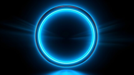 Blue Neon Light Circle on a black Background. Futuristic Template for Product Presentation