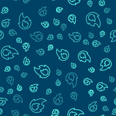 Green line Fire flame icon isolated seamless pattern on blue background. Vector