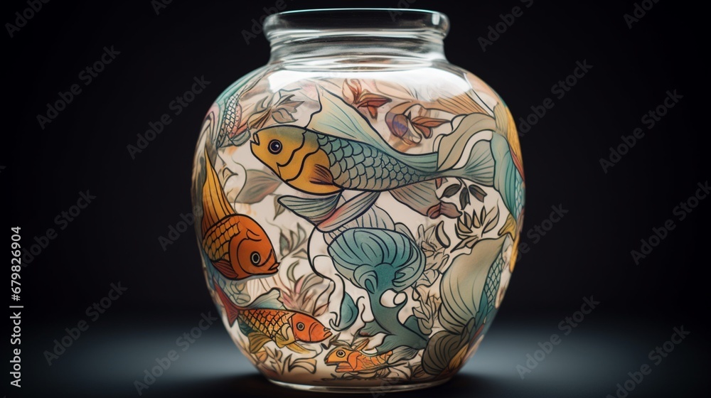 Wall mural Jar with abstract fish geometry pottery illustration picture AI generated art