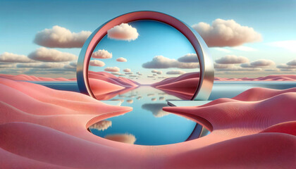 d render. Abstract panoramic background. Surreal scenery. Fantasy landscape of pink desert with lake and round mirror under the blue sky with white clouds. Modern minimal wallpaper 