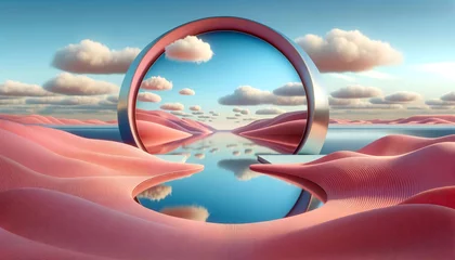 Fotobehang d render. Abstract panoramic background. Surreal scenery. Fantasy landscape of pink desert with lake and round mirror under the blue sky with white clouds. Modern minimal wallpaper  © Micaela