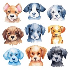set cute dog of watercolors on white background