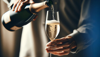 person pouring champagne into glass - obrazy, fototapety, plakaty