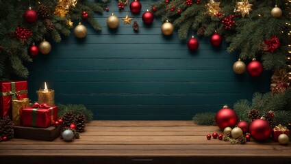 A Festive Christmas Scene: A Wooden Table Overflowing With Delightful Holiday Decorations