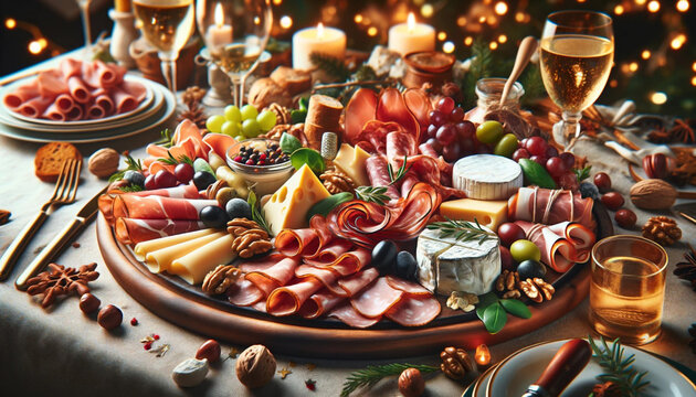 charcuterie board with meats and cheeses on festive dinner table