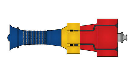 Color line drawing showing a grey aero-derivative gas turbine with variable inlet guide vanes © Robot Squirrel 