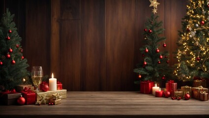Fototapeta na wymiar A Festive Table: Wooden Surface Adorned With Christmas Trees and Presents