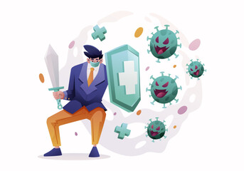 A man is fighting or protecting against viruses, coronavirus, and influenza illustration