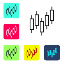 Black line Browser with stocks market growth graphs and money icon isolated on white background. Monitor with stock charts arrow on screen. Set icons in color square buttons. Vector