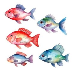 set colorful fish of watercolors on white background