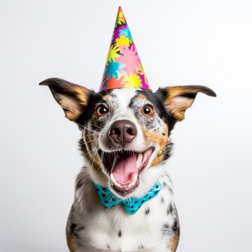 Joyful dog wearing bright birthday hat tongue photography image AI generated art
