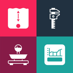 Set pop art Graph, schedule, chart, diagram, Scales, Calliper or caliper and scale and Depth measurement icon. Vector